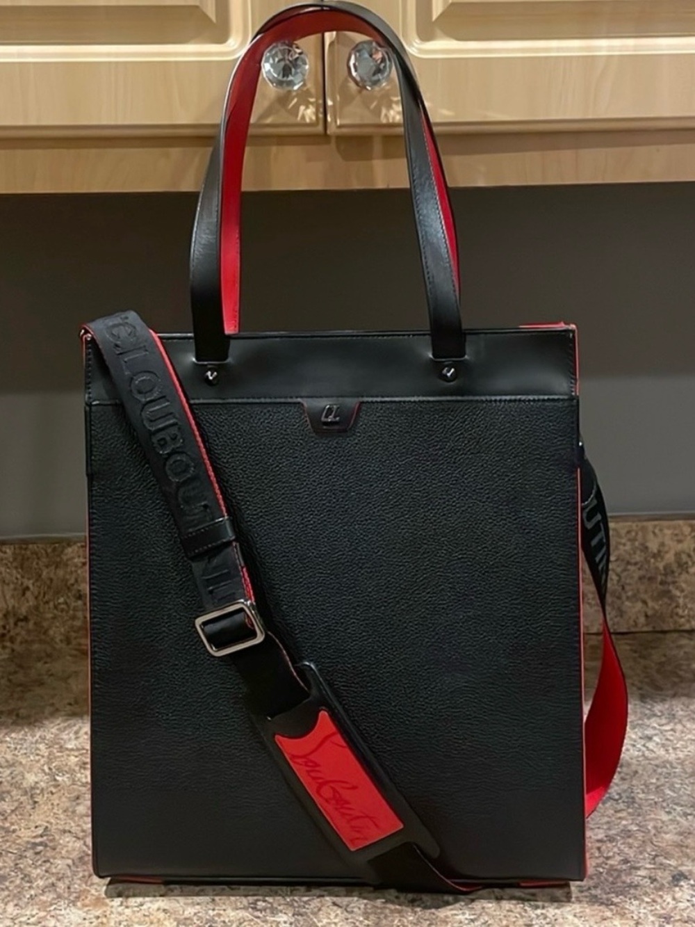Christian Louboutin Ruistote Black with Red Trim Leather Tote/Messenger bag